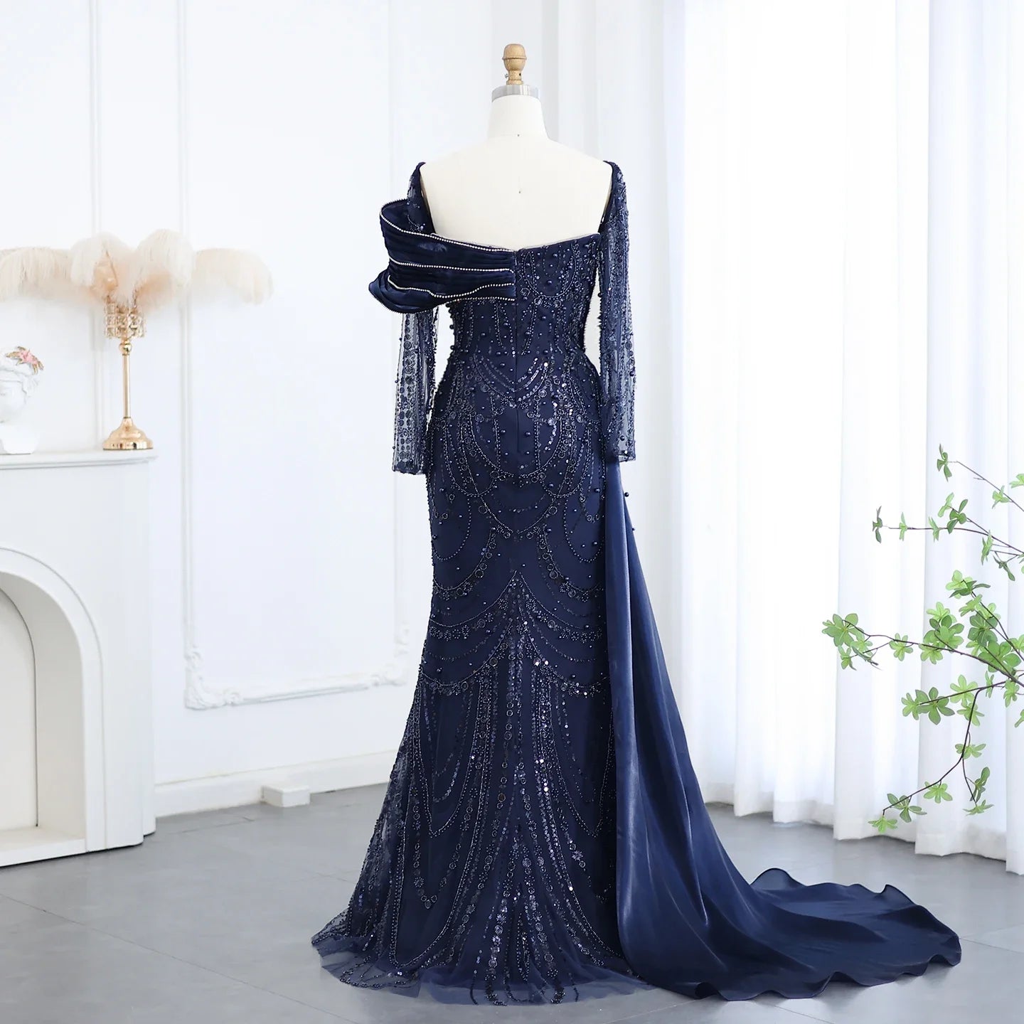 Sharon Said Nude Luxury Crystal Mermaid Evening Dress with Overskirt Long Sleeve Dubai Wedding Formal Prom Gown SS256 Customized
