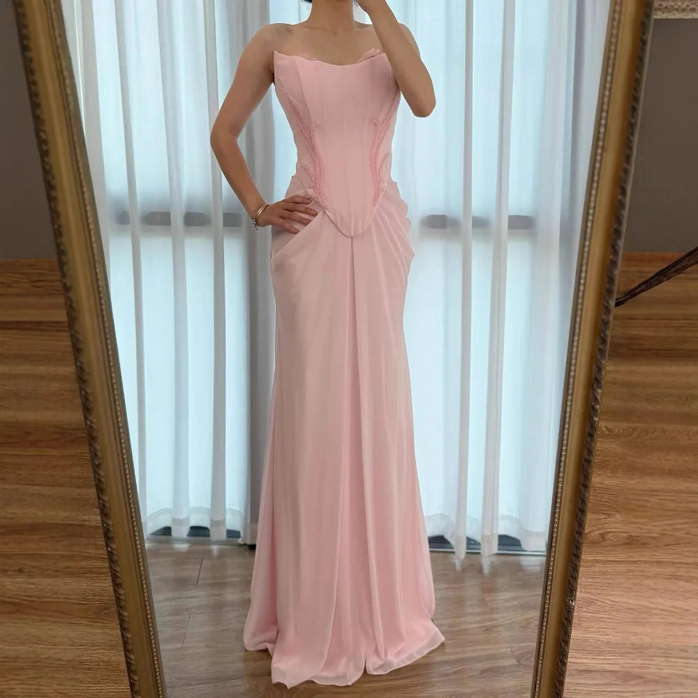 Serene Hill 2025 Customized Pink Strapless Draped Satin Evening Dress with Rose Neck Detail for Formal Party LA72946