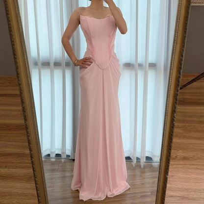 Serene Hill 2025 Customized Pink Strapless Draped Satin Evening Dress with Rose Neck Detail for Formal Party LA72946