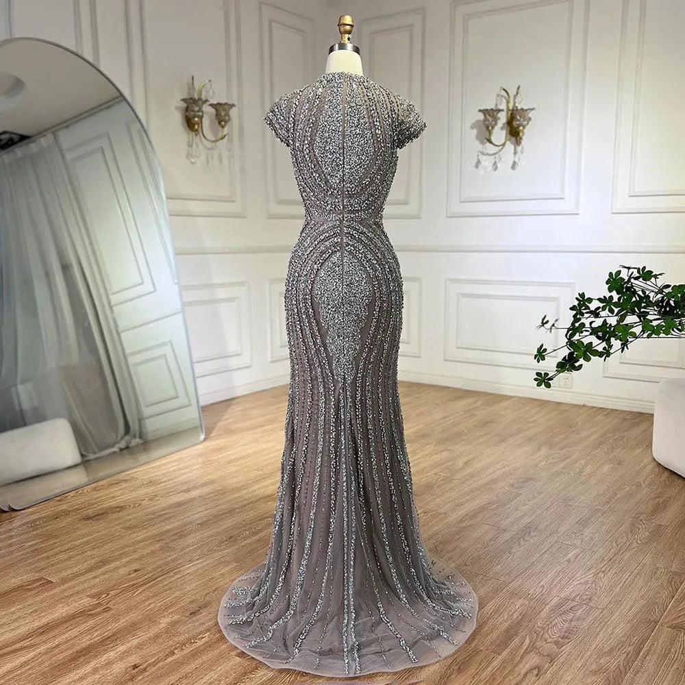 2025 Arabic Dubai Gray Nude Mermaid Floor Length Beaded Luxury Evening Dresses Gowns For Wedding Party LA72344 Customized