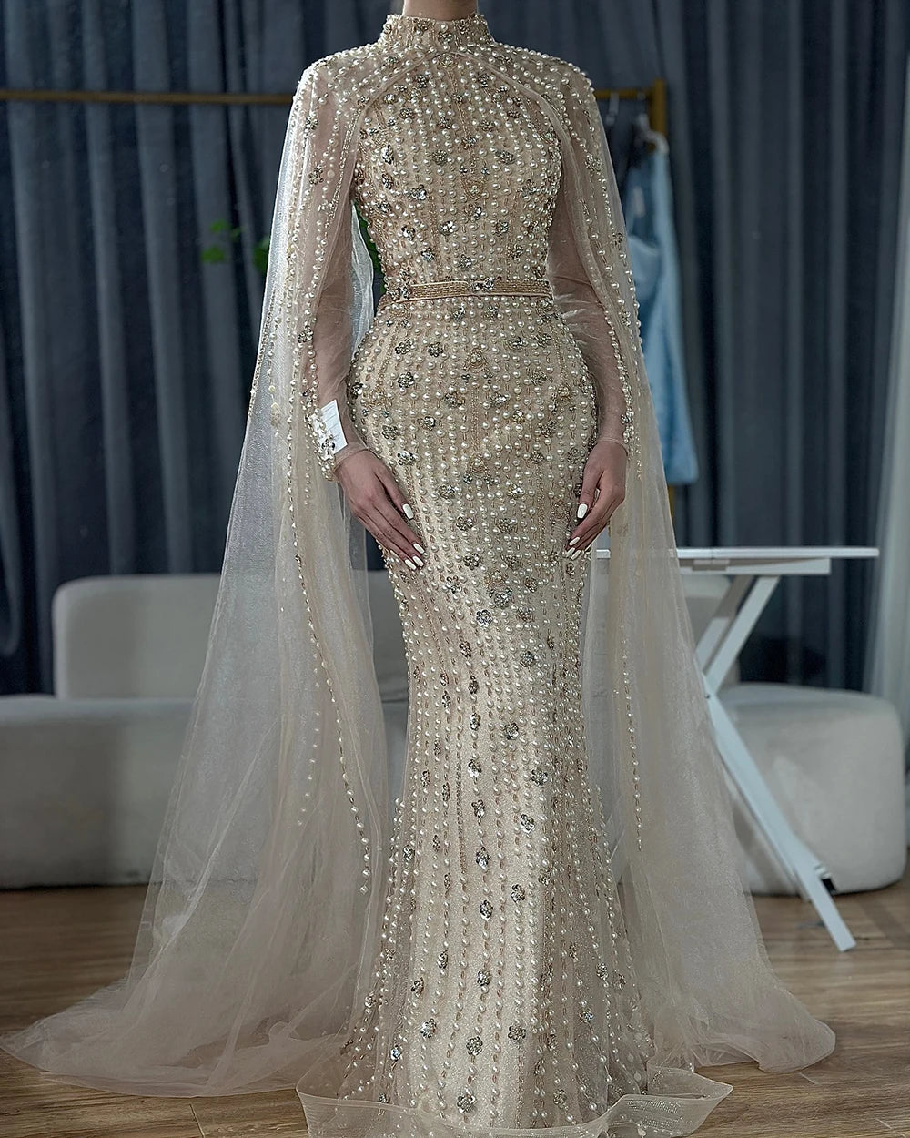 Muslim Nude Mermaid Cape Sleeves Pearls Beaded Luxury Dubai Evening Dresses Gowns 2025 Wedding Party LA72372 Customized