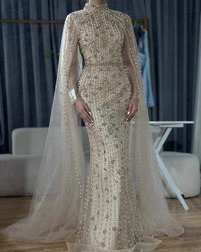 Muslim Nude Mermaid Cape Sleeves Pearls Beaded Luxury Dubai Evening Dresses Gowns 2025 Wedding Party LA72372 Customized