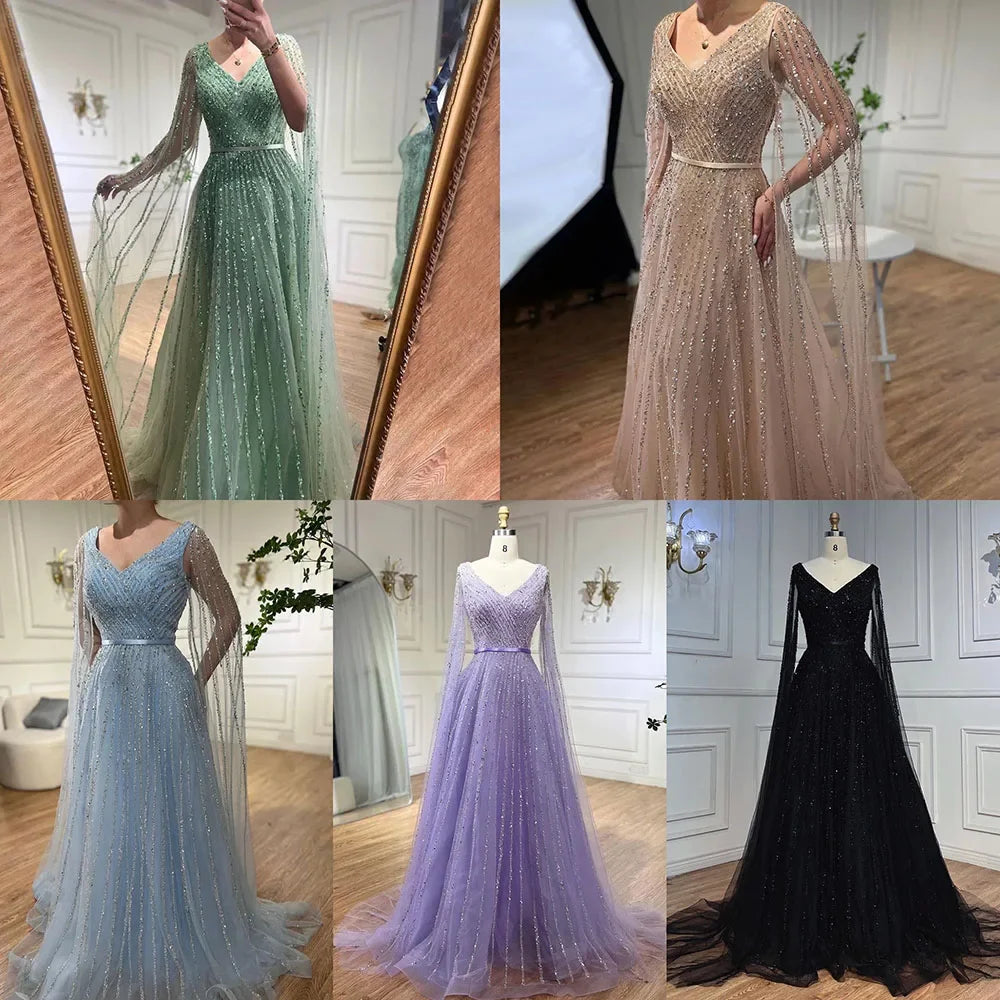 Serene Hill Mint Cape Sleeves A Line Beaded  Dubai Evening Dresses Long 2025 Celebrity Gowns For  Party LA71865 Customized