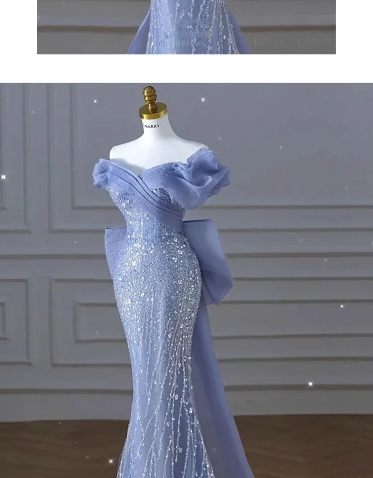 Woman's Dress High Dress Off-Shoulder Blue Evening Dress Light Luxury Niche Mermaid Sequin Host Elegant Party Dress