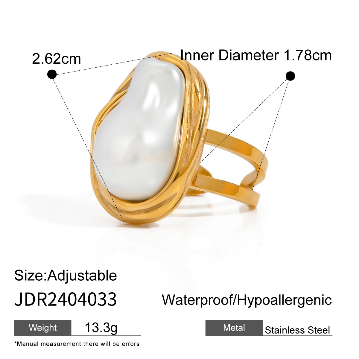 Zora Women's Fashion Elegant Pearl Open Ring 18K Gold-plated Stainless Steel Ring Jewelry for Party Vacation