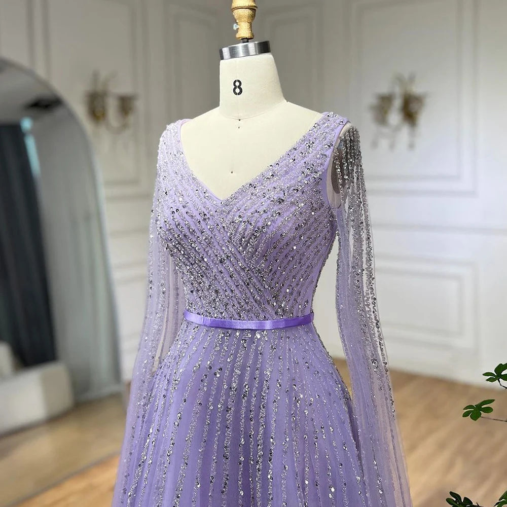 Serene Hill Mint Cape Sleeves A Line Beaded  Dubai Evening Dresses Long 2025 Celebrity Gowns For  Party LA71865 Customized