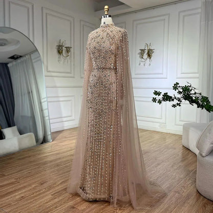 Muslim Nude Mermaid Cape Sleeves Pearls Beaded Luxury Dubai Evening Dresses Gowns 2025 Wedding Party LA72372 Customized