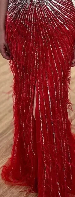 Serene Hill Dubai Halter Beige  Feathers Beaded Formal Luxury Mermaid Evening Dresses For Women Wedding Party 2025 LA70623A