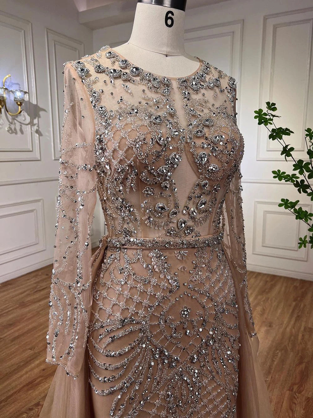 Serene Hill Muslim Silver Nude Mermaid Gown with Detachable Overskirt Beaded Evening Dress for Women Wedding Party 2025 LA71919