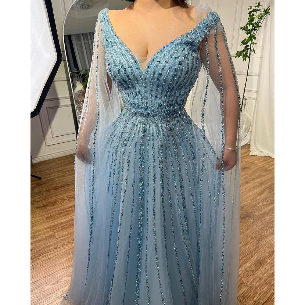 Nude Arabic Luxury Cape Sleeves Evening Dresses Gowns A-Line Beaded 2025 For Party LA71567 Customized