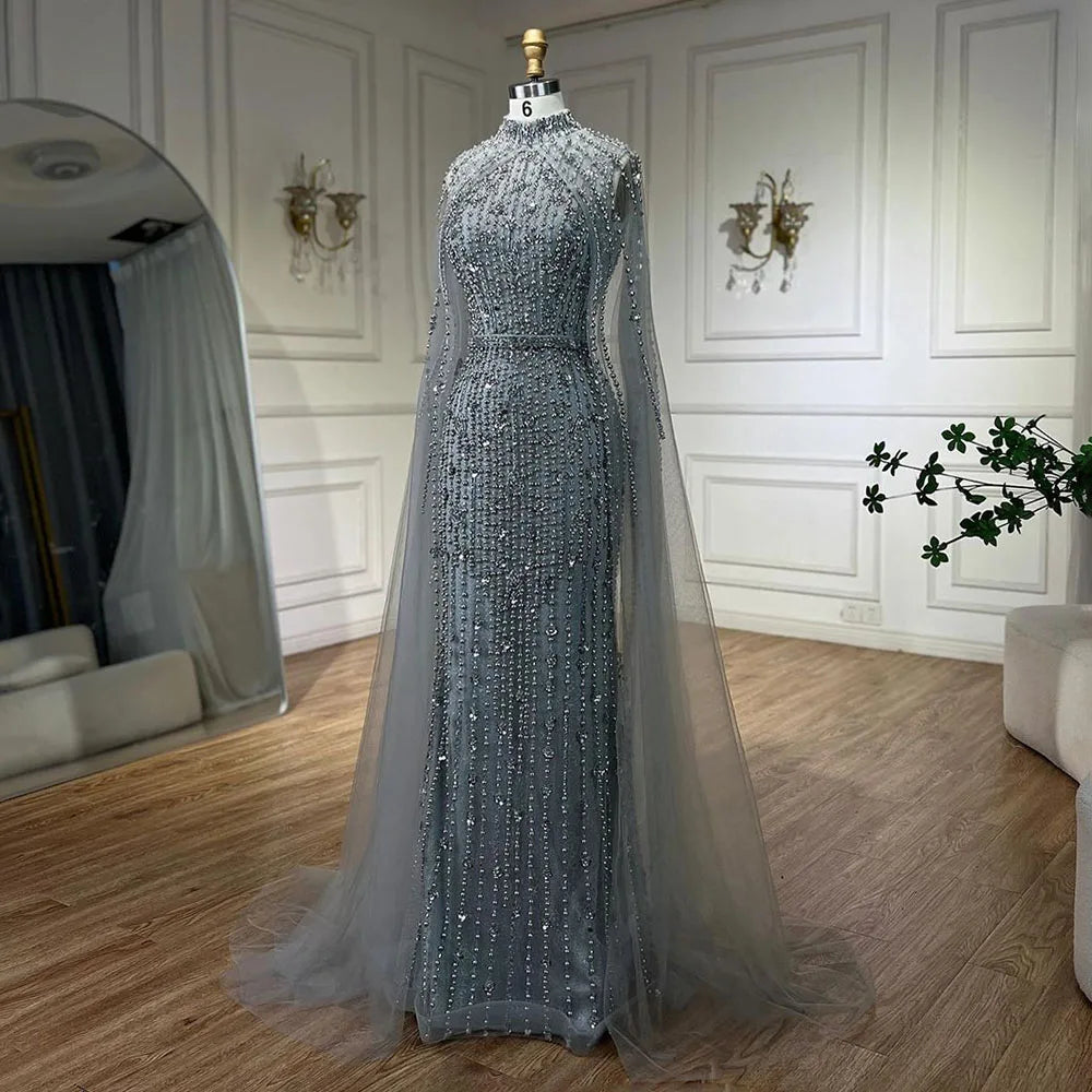 Muslim Nude Mermaid Cape Sleeves Pearls Beaded Luxury Dubai Evening Dresses Gowns 2025 Wedding Party LA72372 Customized