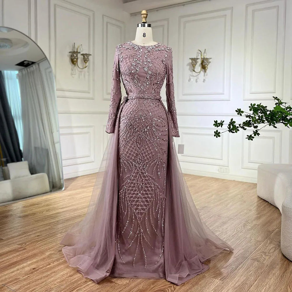 Serene Hill Muslim Silver Nude Mermaid Gown with Detachable Overskirt Beaded Evening Dress for Women Wedding Party 2025 LA71919