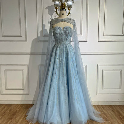 Serene Hill 2025 Arabic Blue Cape  A-Line Beaded Evening Dresses Long Celebrity Gowns  LA72427 Customized