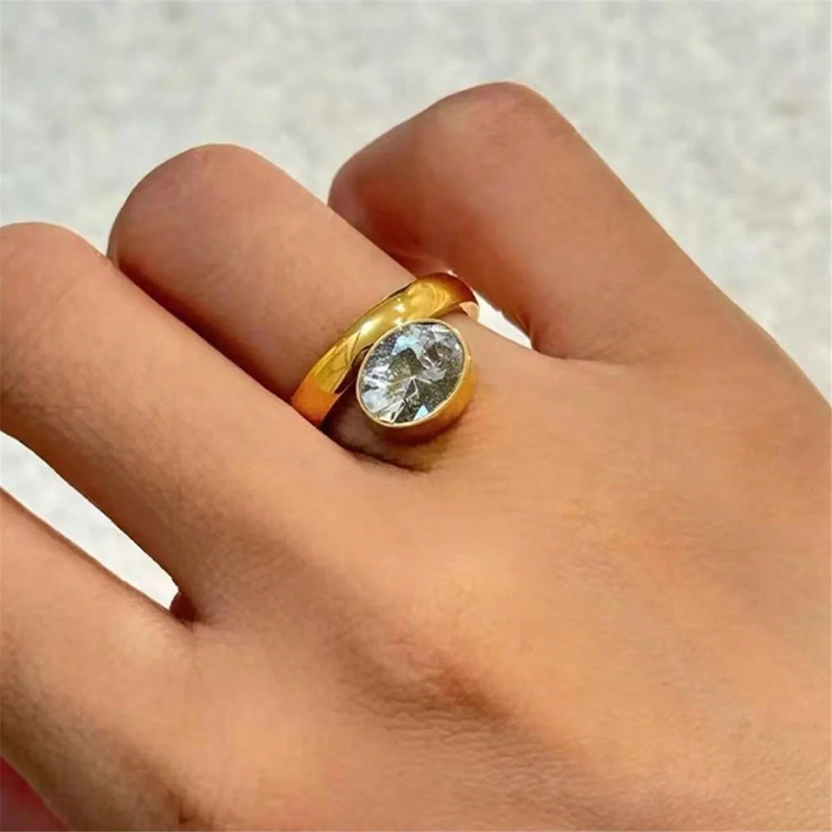 Vintage 18K Gold Plated Stainless Steel Zircon Triangular Square Oval Ring for Women Fashion Party Gift