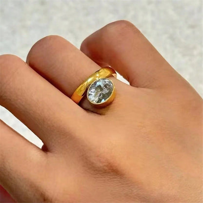 Vintage 18K Gold Plated Stainless Steel Zircon Triangular Square Oval Ring for Women Fashion Party Gift