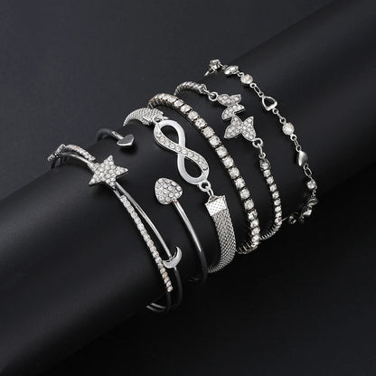 Elegant Sparkling Rhinestone Bracelets Set for Women Butterfly Heart Infinity Star Designs Open Bracelet Daily Wear Jewelry Gift