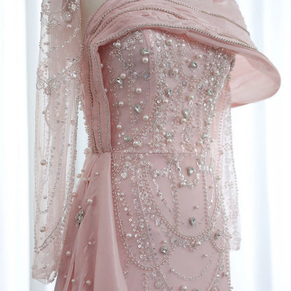 Sharon Said Nude Luxury Crystal Mermaid Evening Dress with Overskirt Long Sleeve Dubai Wedding Formal Prom Gown SS256 Customized