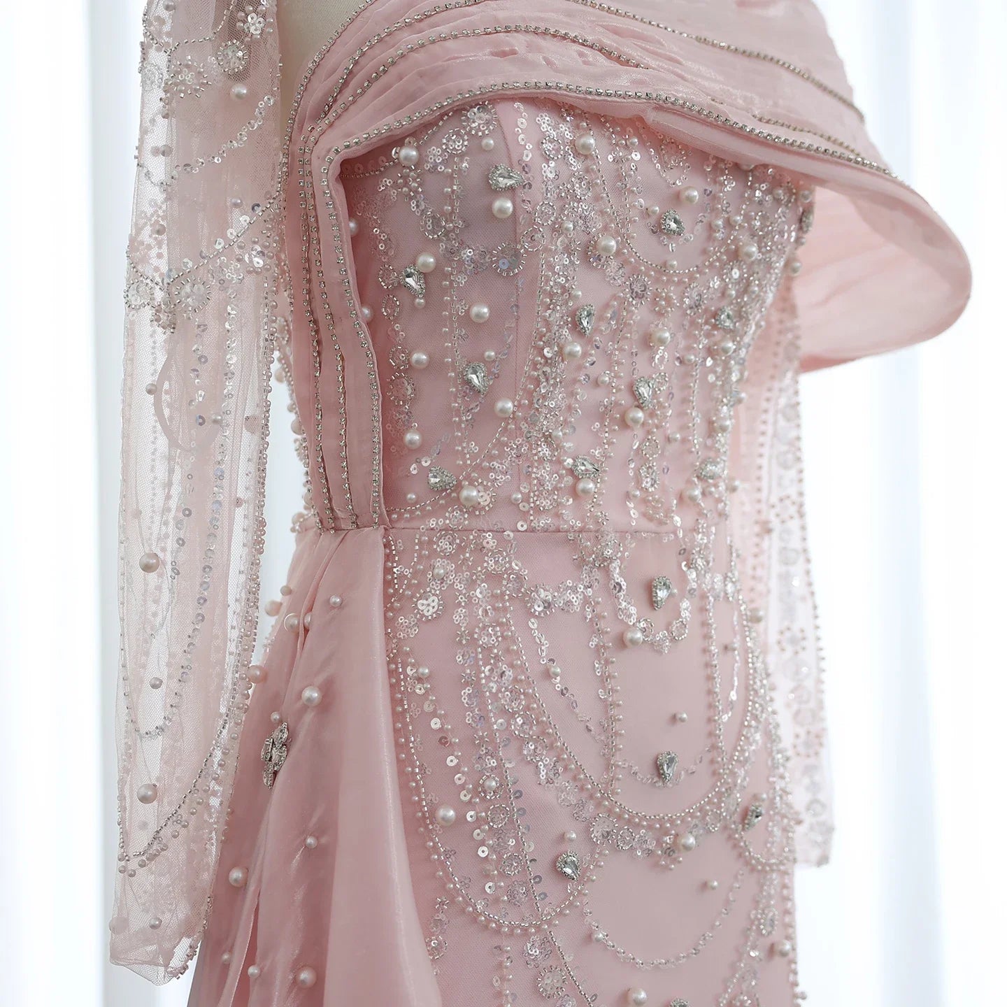 Sharon Said Nude Luxury Crystal Mermaid Evening Dress with Overskirt Long Sleeve Dubai Wedding Formal Prom Gown SS256 Customized
