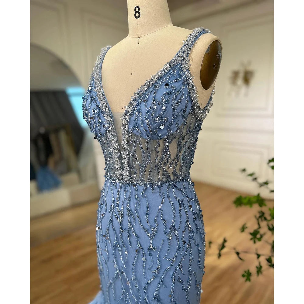 Serene Hill Pink Mermaid High Split Evening Dresses Feather Beaded Gowns Long 2025 For Women Wedding Party LA72152 Customized