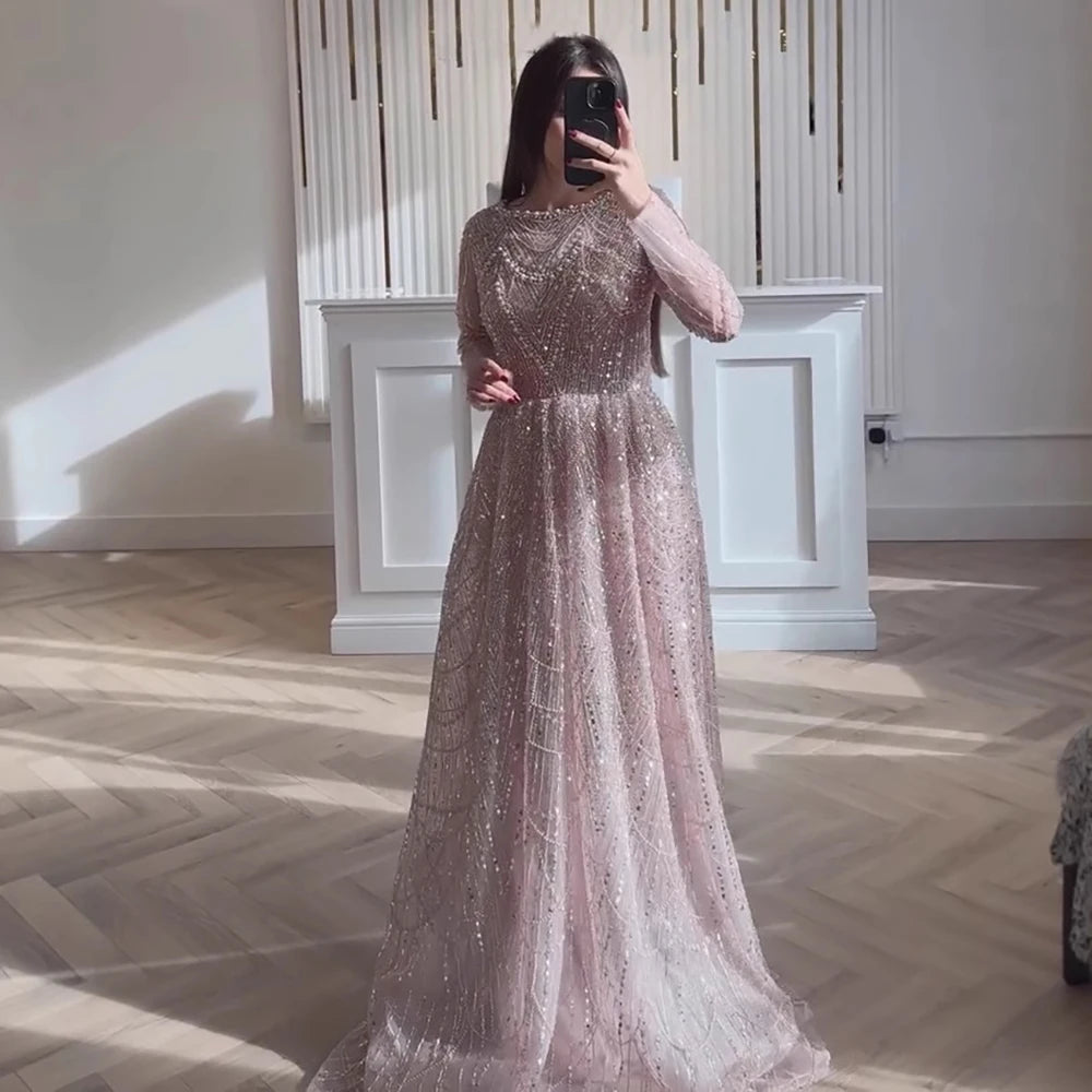 Luxury Olive Green Long Sleeve Beaded A Line Evening Gown for Wedding Party Prom Serene Hill 2025 Customized LA72738B Plus Size