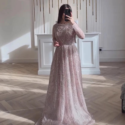 Luxury Olive Green Long Sleeve Beaded A Line Evening Gown for Wedding Party Prom Serene Hill 2025 Customized LA72738B Plus Size