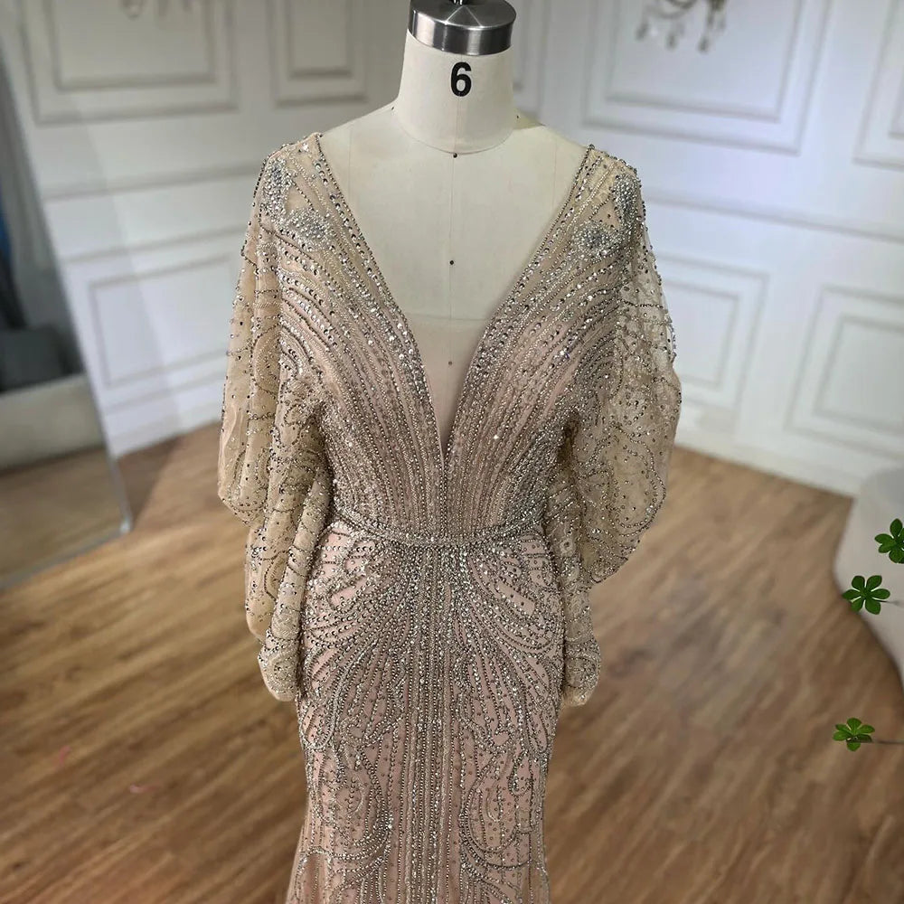 Serene Hill Arabic Gold Elegant Mermaid Black  Beaded Evening Dresses Gowns Diamond For Party 2025 LA72288A Customized