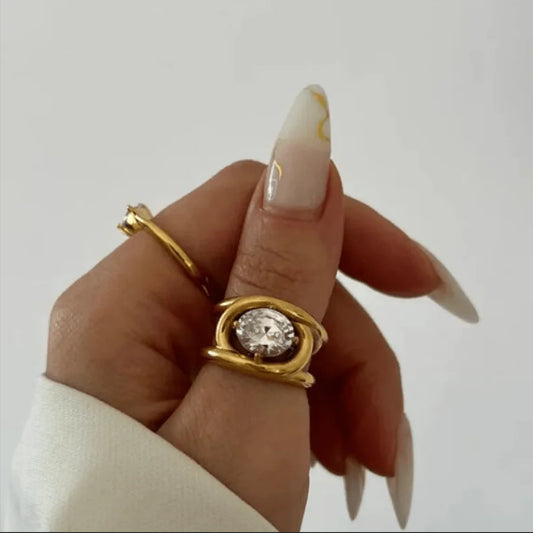 Vintage Oval Zircon Ring for Women 18K Gold Plated Stainless Steel Fashion Party Jewelry Gift