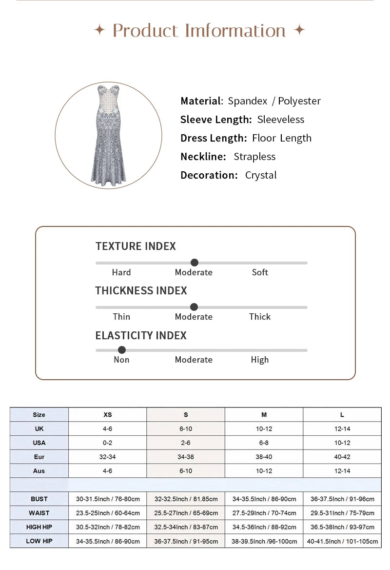 VC Glamorous Silver Sequin Sleeveless Strapless Mermaid Dress for Galas Party Wedding Evening Gown