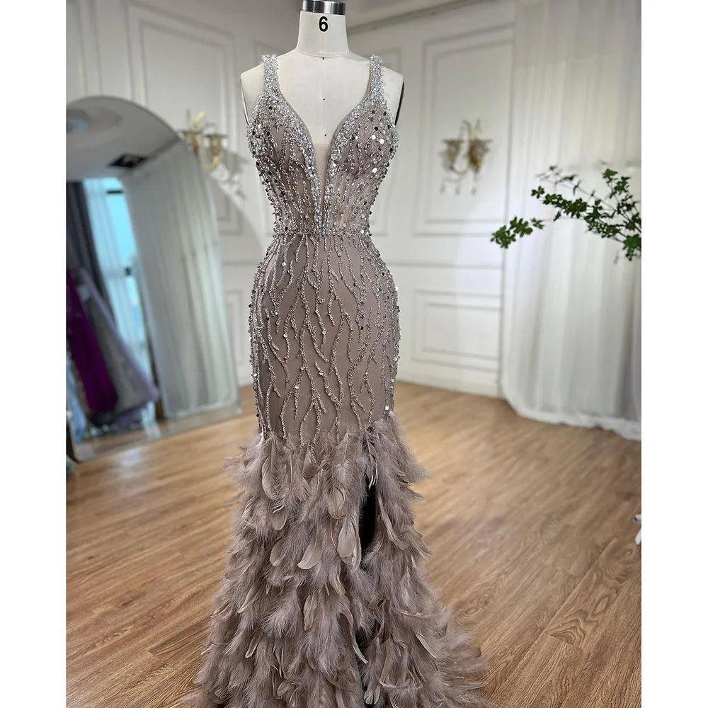 Serene Hill Pink Mermaid High Split Evening Dresses Feather Beaded Gowns Long 2025 For Women Wedding Party LA72152 Customized