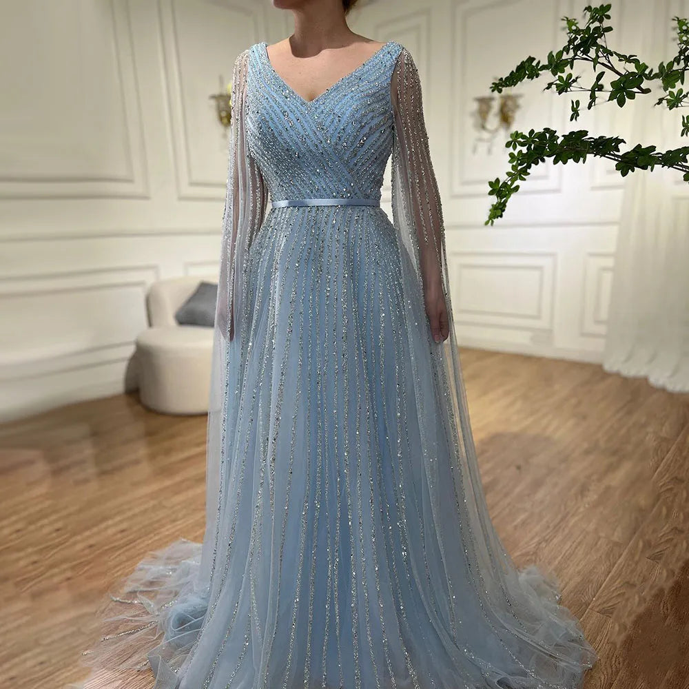 Serene Hill Mint Cape Sleeves A Line Beaded  Dubai Evening Dresses Long 2025 Celebrity Gowns For  Party LA71865 Customized