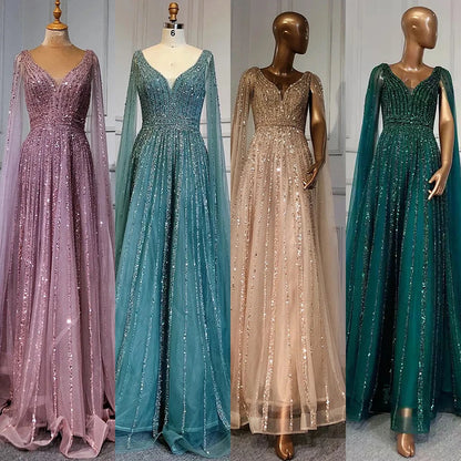 Nude Arabic Luxury Cape Sleeves Evening Dresses Gowns A-Line Beaded 2025 For Party LA71567 Customized