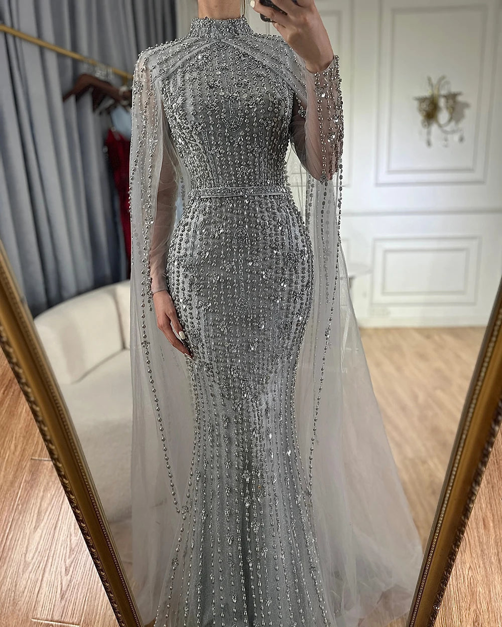 Muslim Nude Mermaid Cape Sleeves Pearls Beaded Luxury Dubai Evening Dresses Gowns 2025 Wedding Party LA72372 Customized