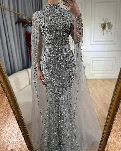Muslim Nude Mermaid Cape Sleeves Pearls Beaded Luxury Dubai Evening Dresses Gowns 2025 Wedding Party LA72372 Customized