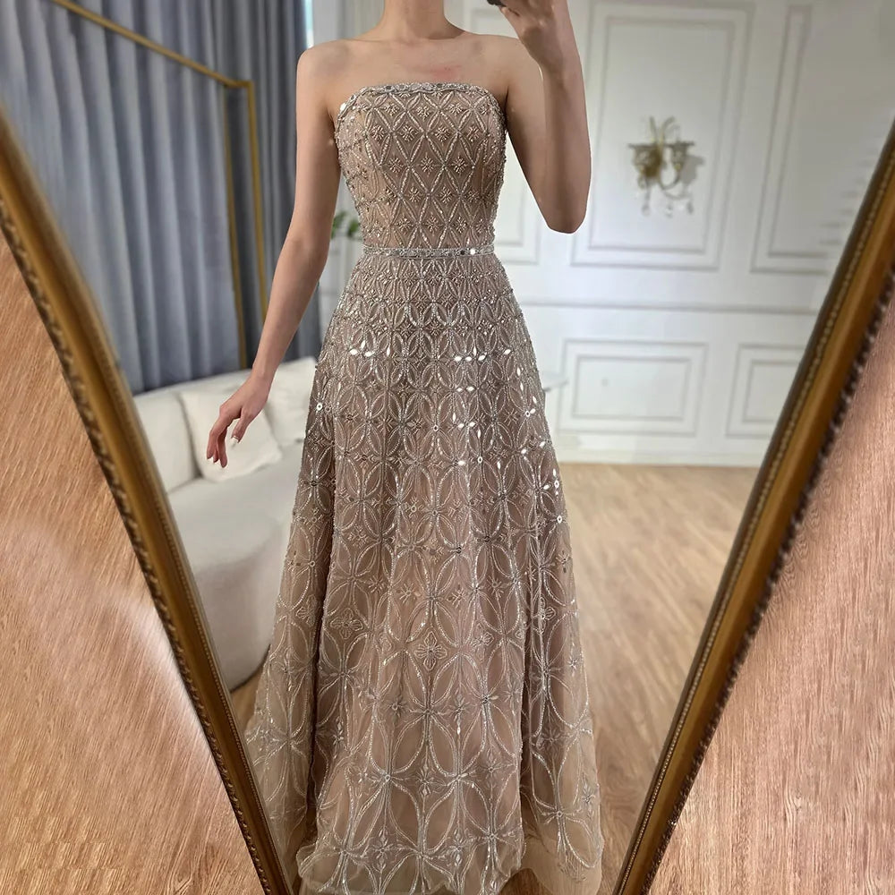 Serene Hill 2025 Customized Arabic Gray A Line Beaded Long Evening Dresses Gowns For Occasion LA72755