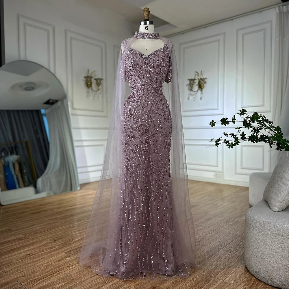 Luxury Caramel Mermaid Evening Gown Beaded Dress with Cape Sleeves Elegant Formal Party Customized LA72921