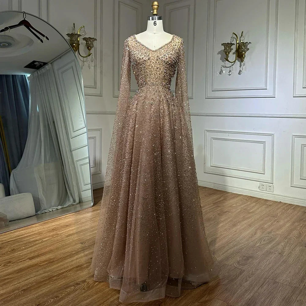 Serene Hill 2025 Customized Saudi Arabic Caramel Beaded Cape Sleeves A Line Evening Dresses For Formal Occasion LA72147A