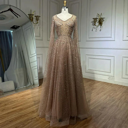 Serene Hill 2025 Customized Saudi Arabic Caramel Beaded Cape Sleeves A Line Evening Dresses For Formal Occasion LA72147A