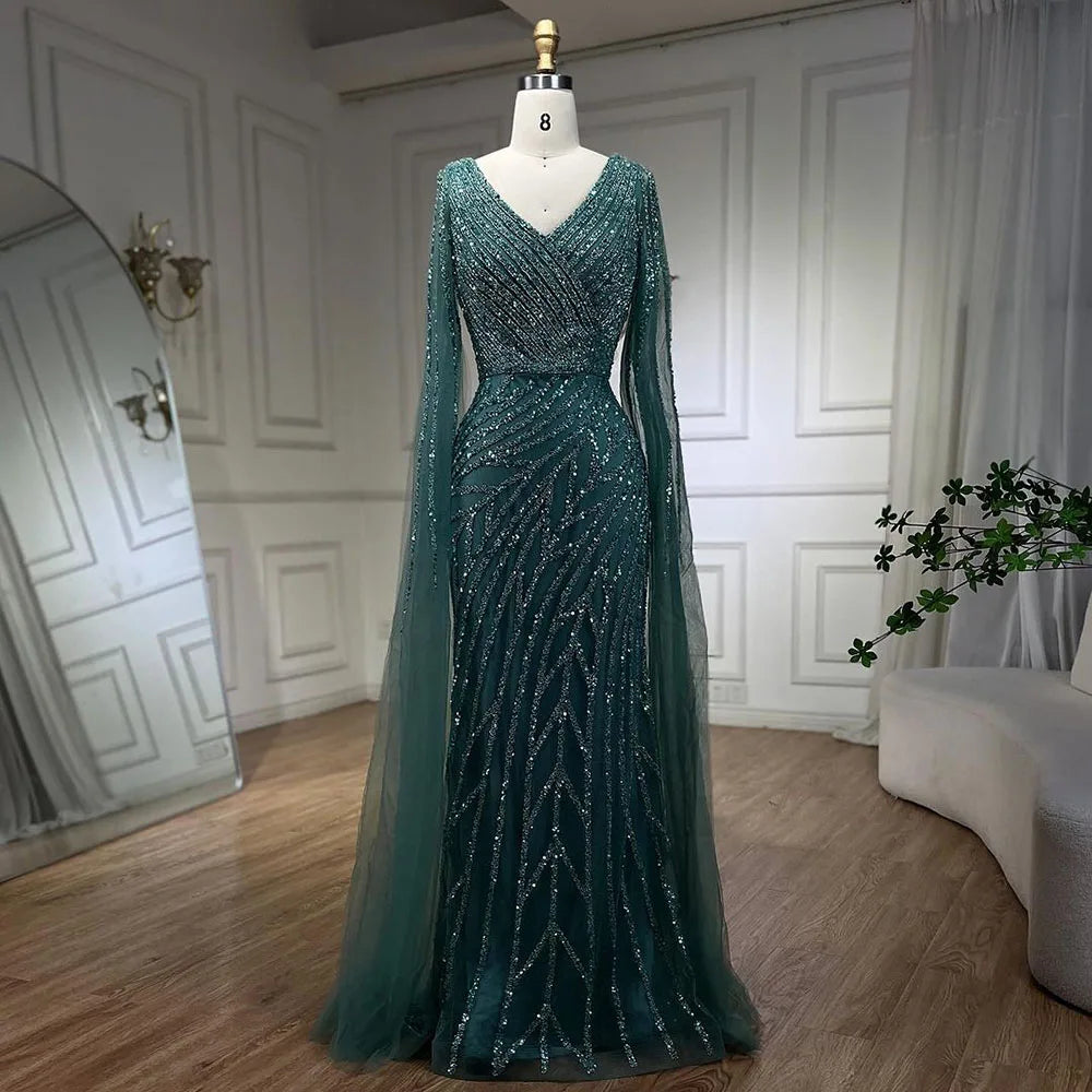 Serene Hill Arabic Mermaid Blue Beaded  Cape   Evening Dress Gown  2025 LA71493A Customized
