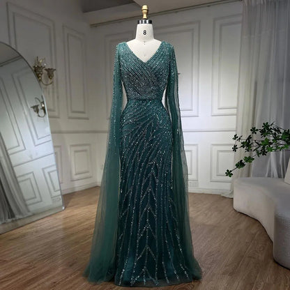 Serene Hill Arabic Mermaid Blue Beaded  Cape   Evening Dress Gown  2025 LA71493A Customized