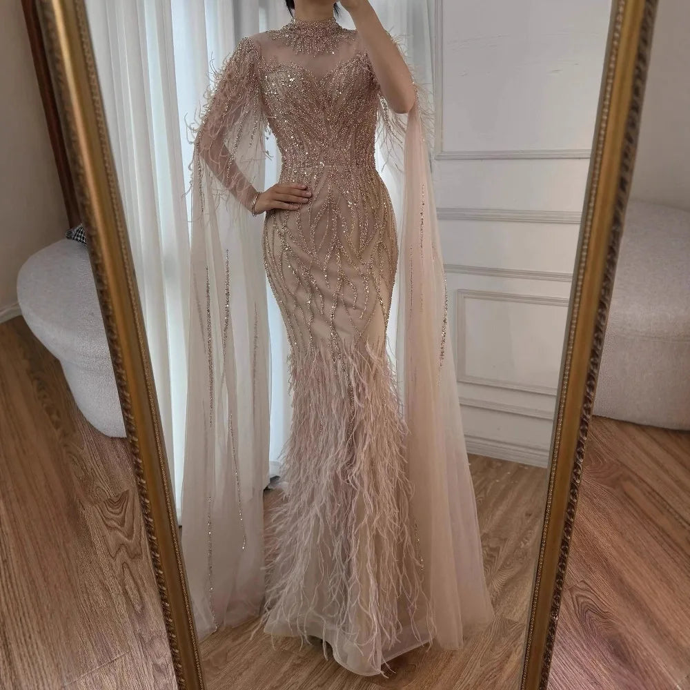 Nude Feather Evening Dress for Women High Neck Cape Sleeve Luxury Beaded Formal Gown Serene Hill 2025 Customized LA71885C