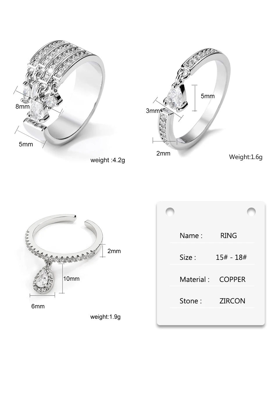 ZAKOL Brand Korea Multilayer Zircon Engagement Open Rings for Women Fashion Water Drop Party Jewelry