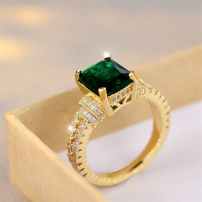 Green Crystal Square Stone Engagement Rings For Women Yellow Gold Color Wedding Band Jewelry May Birthstone Mother's Day Gifts