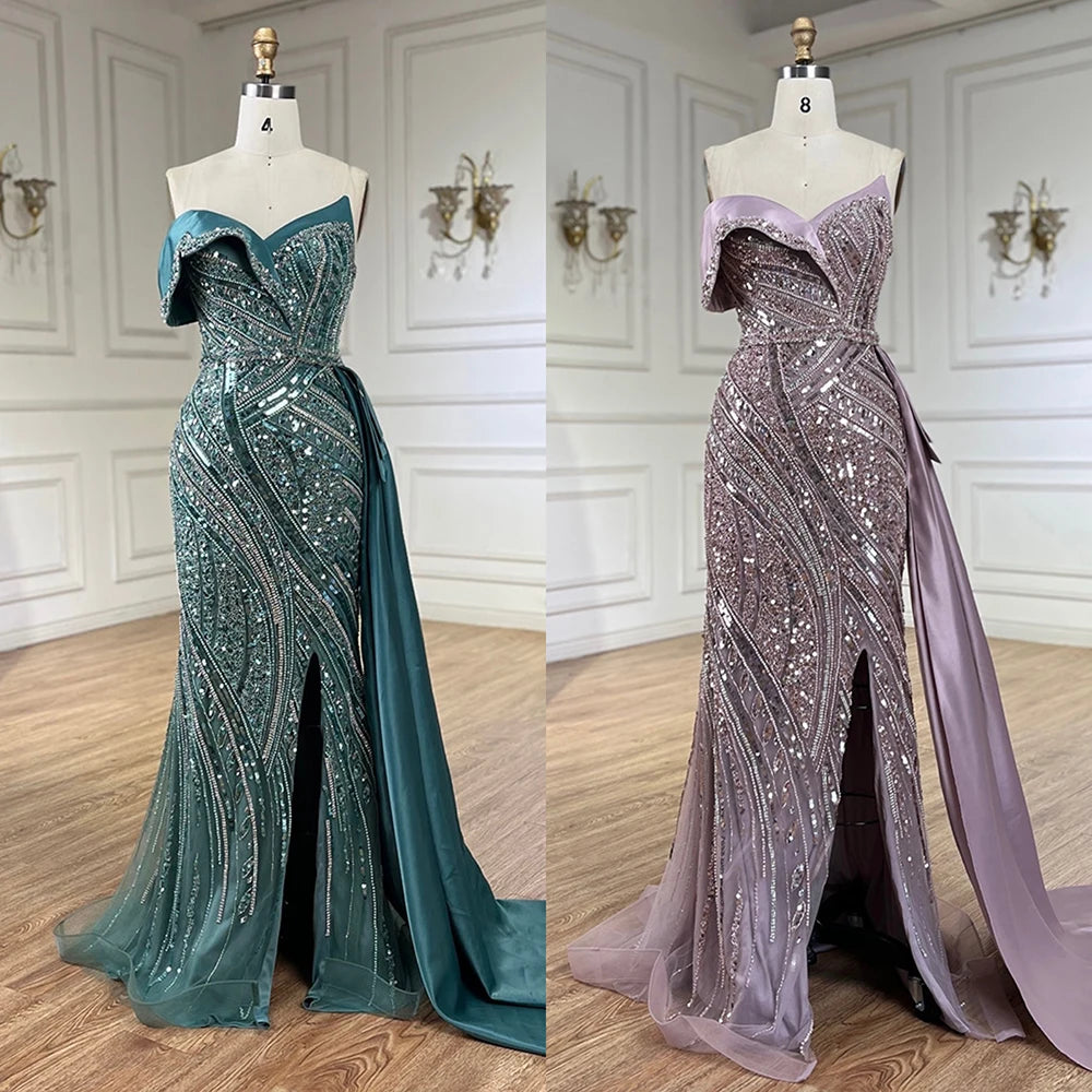 2025 Arabic Turquoise Beaded Evening Dresses  Dubai Elegant One Shoulder  Wedding Party Gowns LA72335  Customized