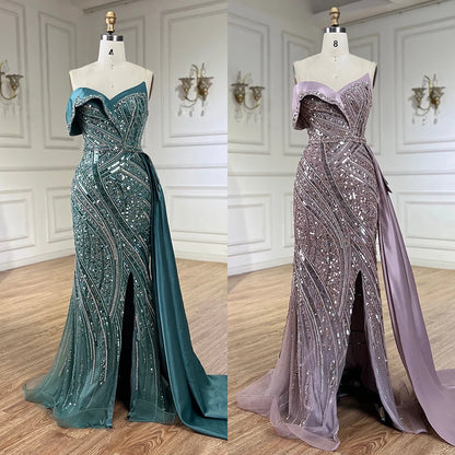 2025 Arabic Turquoise Beaded Evening Dresses  Dubai Elegant One Shoulder  Wedding Party Gowns LA72335  Customized