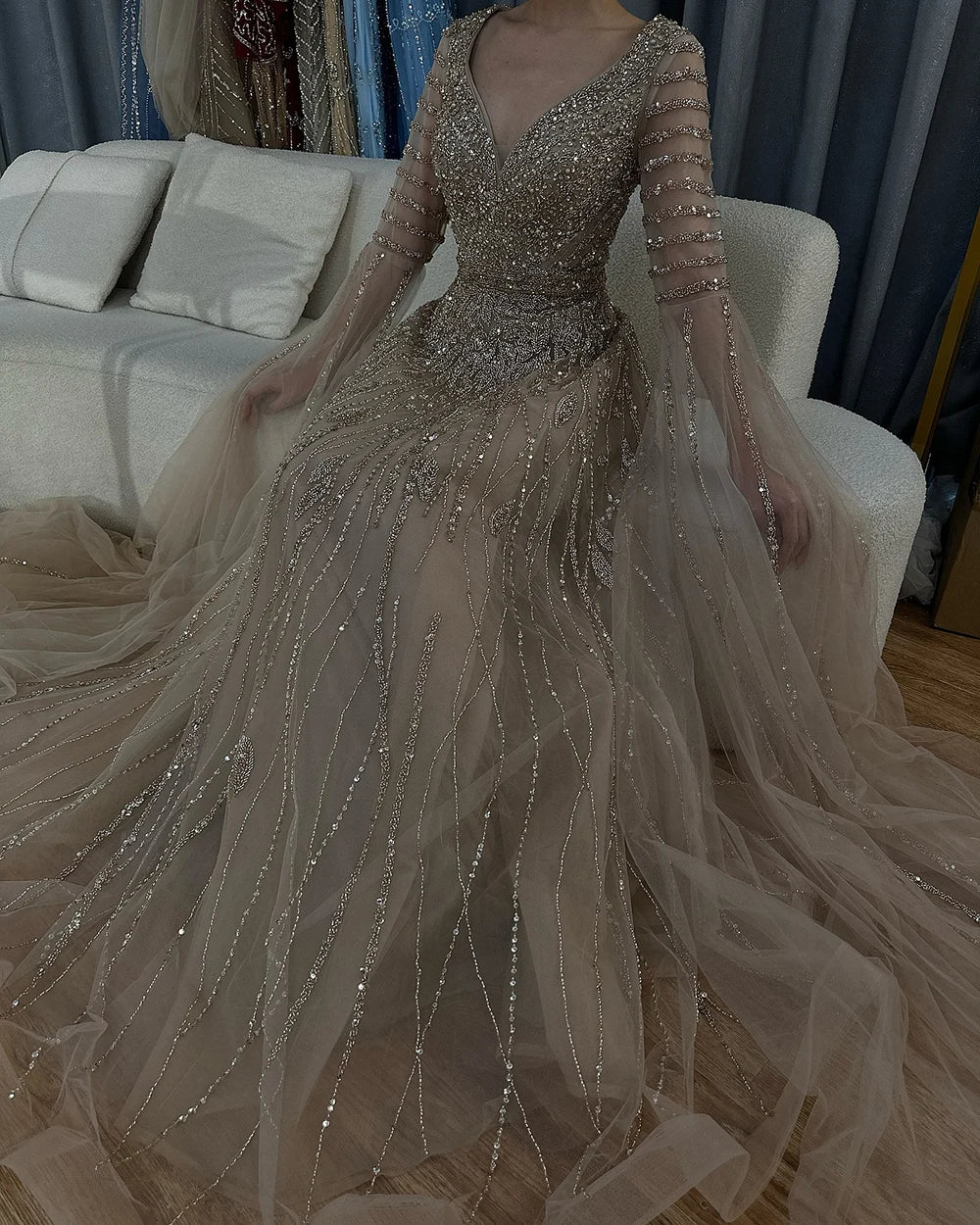 Customized 2025 Arabic Caramel Elegant A-Line Beaded Long Evening Dresses Gowns With Cape Sleeves For Formal Occasio LA72750