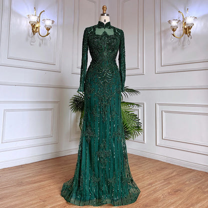 Serene Hill Muslim Green Mermaid Lace Beaded Crystal Luxury Dubai Evening Dresses Gowns For  Party 2025 LA71983 Customized
