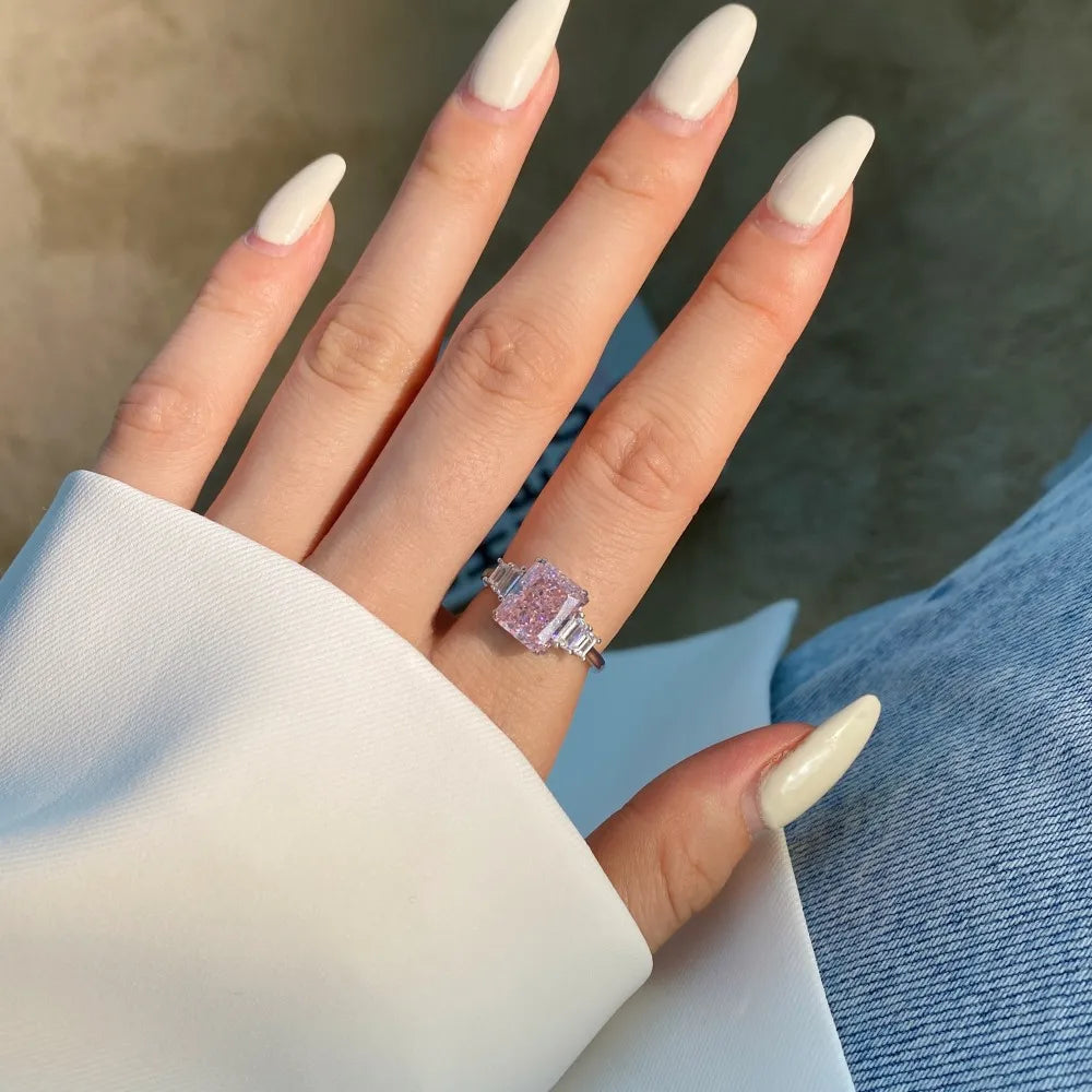 EUREKA 925 Sterling Silver Crushed Ice Cut Lab Pink Sapphire Gemstone Ring For Women Wedding Engagement Jewelry