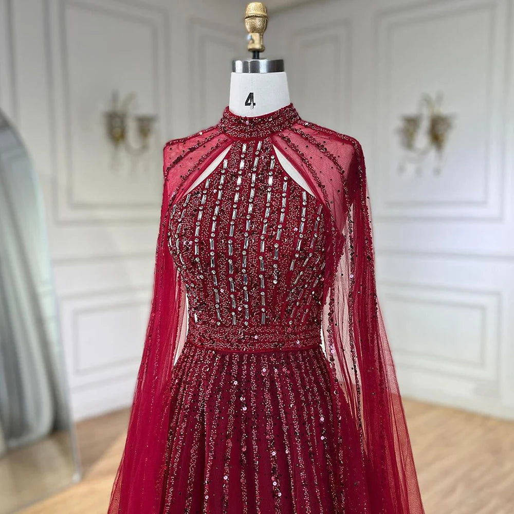 Serene Hill Arabic Turquoise A Line Cape Sleeve Beaded   Evening Dresses Gowns For Occasion 2025 LA72306A Customized
