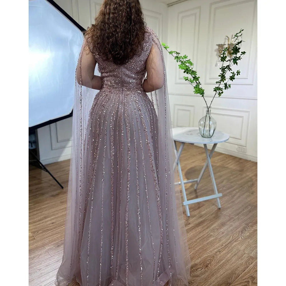 Nude Arabic Luxury Cape Sleeves Evening Dresses Gowns A-Line Beaded 2025 For Party LA71567 Customized