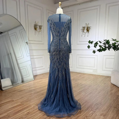 Serene Hill Muslim Blue Mermaid Luxury Beaded Dubai Long Evening Dresses Gowns for  Party 2025 LA71999L Customized